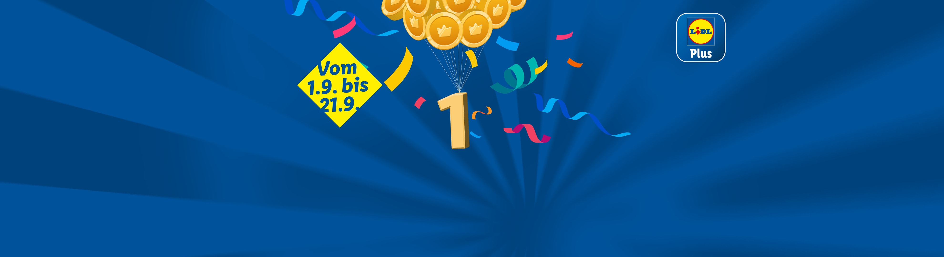 Lidl Plus Aktion mit Goldmünzen und der Zahl 1, gültig vom 1. bis 21. September.