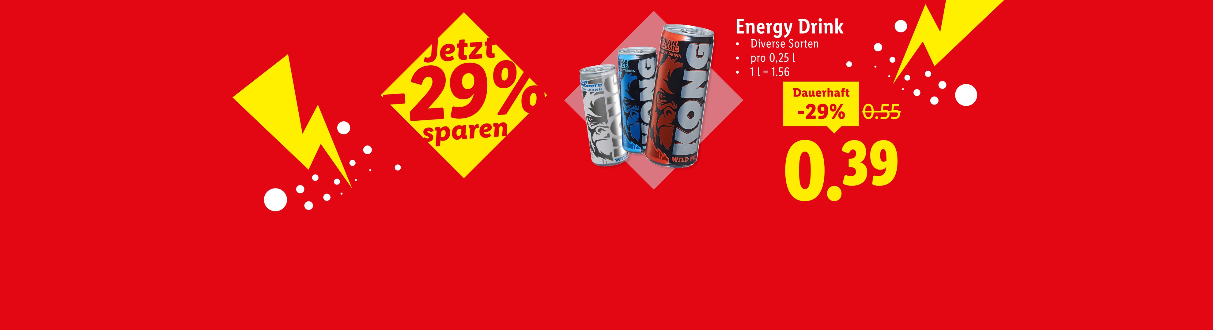 Kong Energy Drinks mit 29% Rabatt auf rotem Hintergrund.