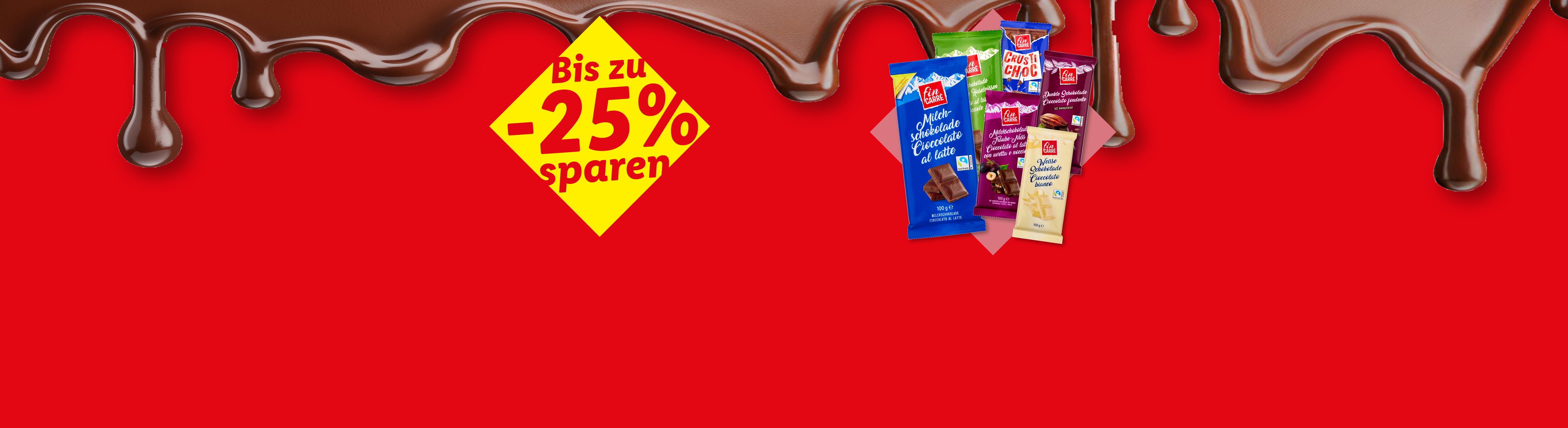 Eine Auswahl an Schokoladentafeln mit 25% Rabatt auf rotem Hintergrund.