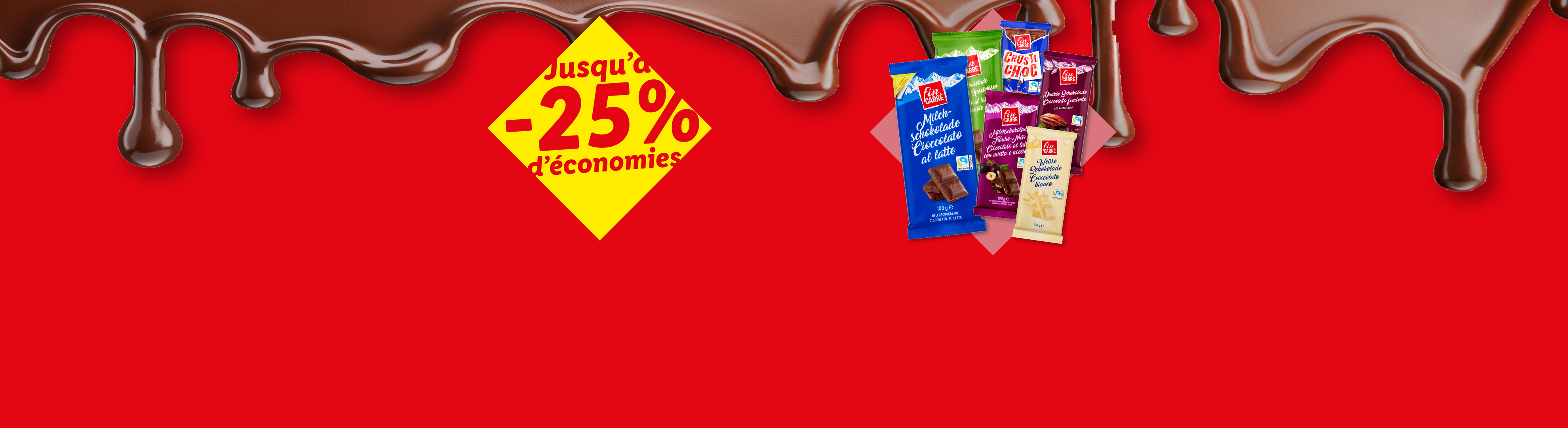 Tablettes de chocolat assorties avec 25% de réduction sur fond rouge.