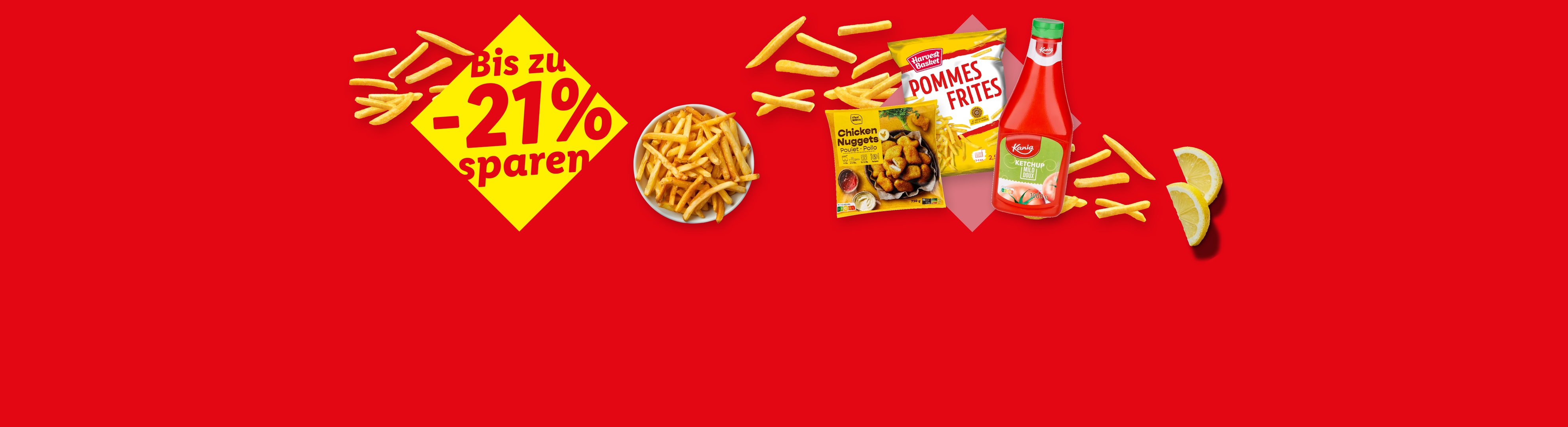 Pommes frites, Chicken Nuggets und Ketchup mit 21% Rabatt.