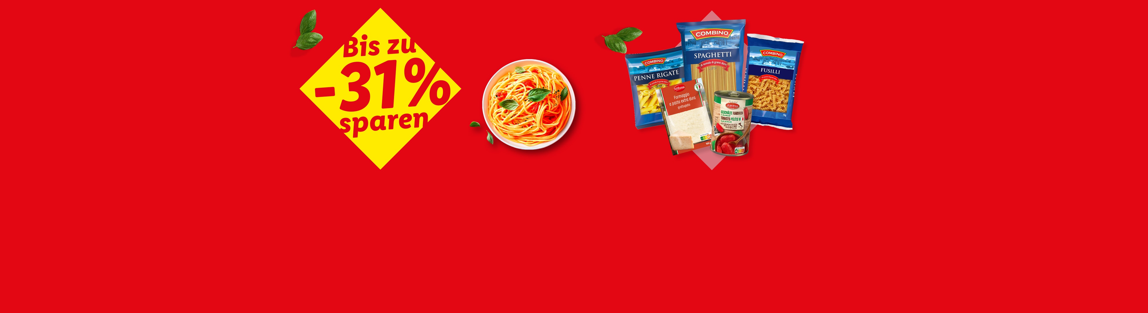Nudeln, Käse und Dosentomaten mit einem Rabattangebot von 31 %.