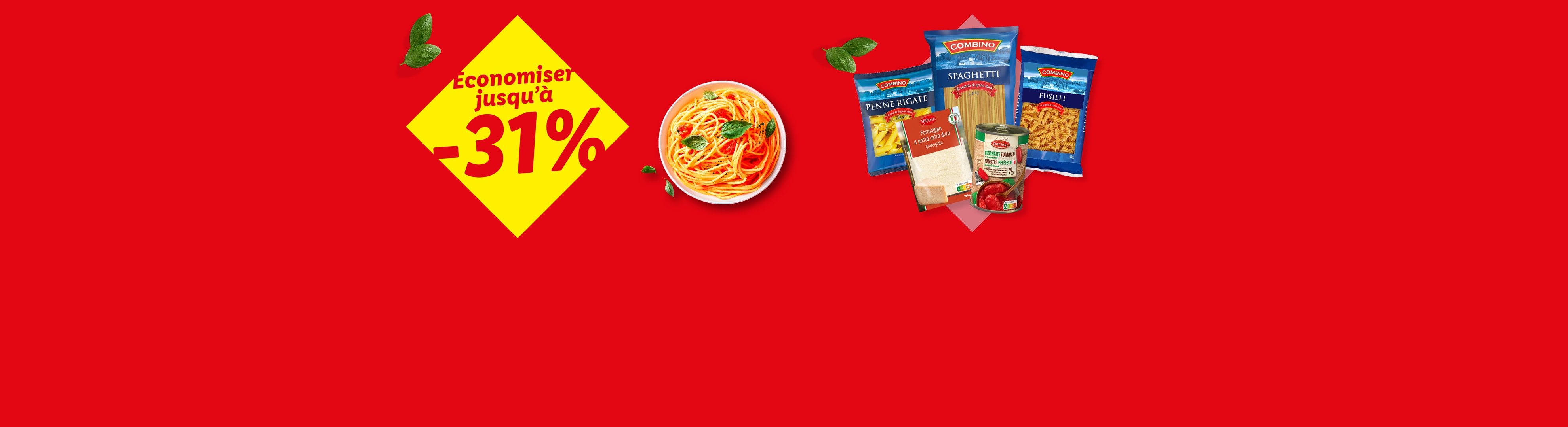 Un fond rouge avec des pâtes, des tomates et du fromage, avec un panneau de réduction jaune de -31%.