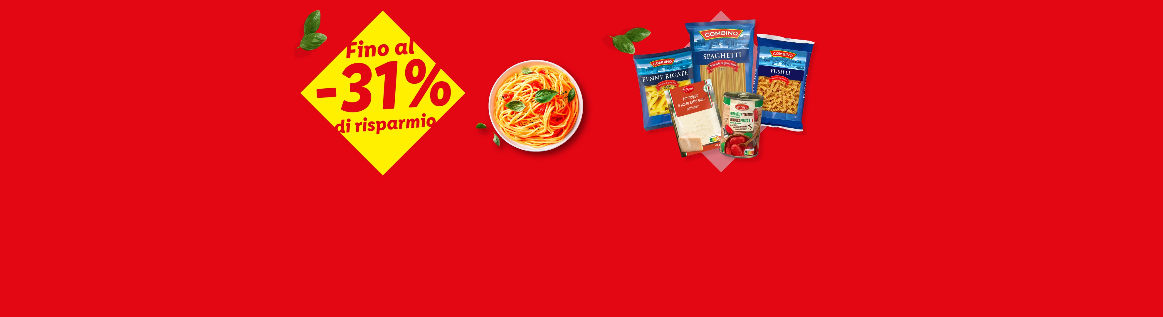 Pasta, formaggio grattugiato e pomodori pelati con uno sconto del 31%.