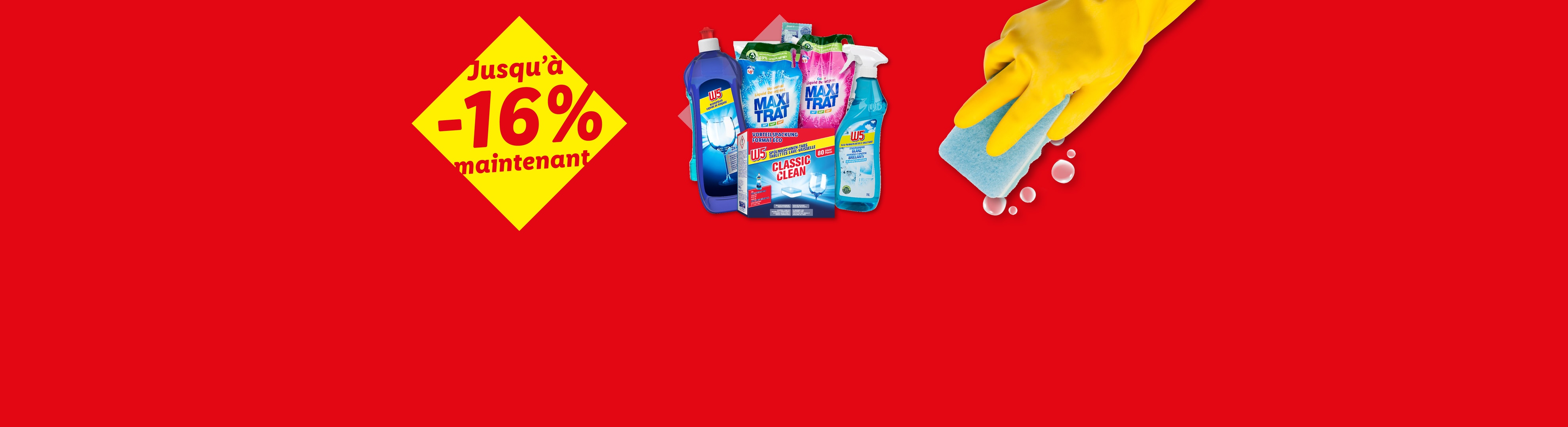 Produits de nettoyage W5 et Maxi Trat avec jusqu'à -16% de réduction et gant jaune avec éponge.