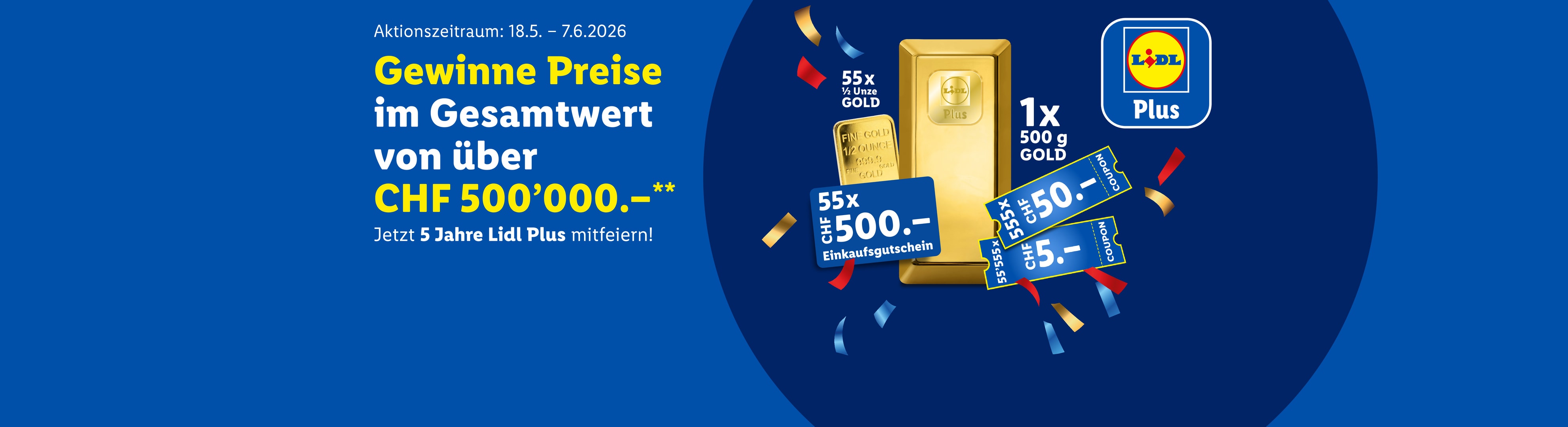 Gewinnspiel mit Goldbarren und Einkaufsgutscheinen im Gesamtwert von über 500'000 CHF.