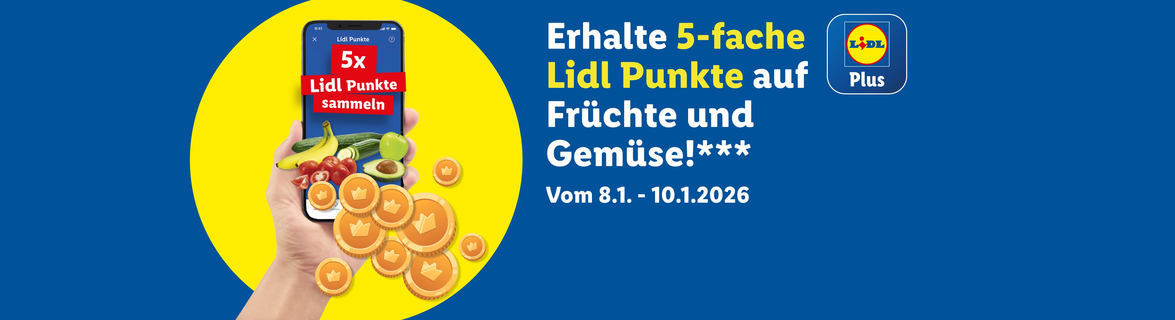 Lidl Plus App mit 5-fachen Punkten auf Obst und Gemüse, gültig vom 8.1. bis 10.1.2026.