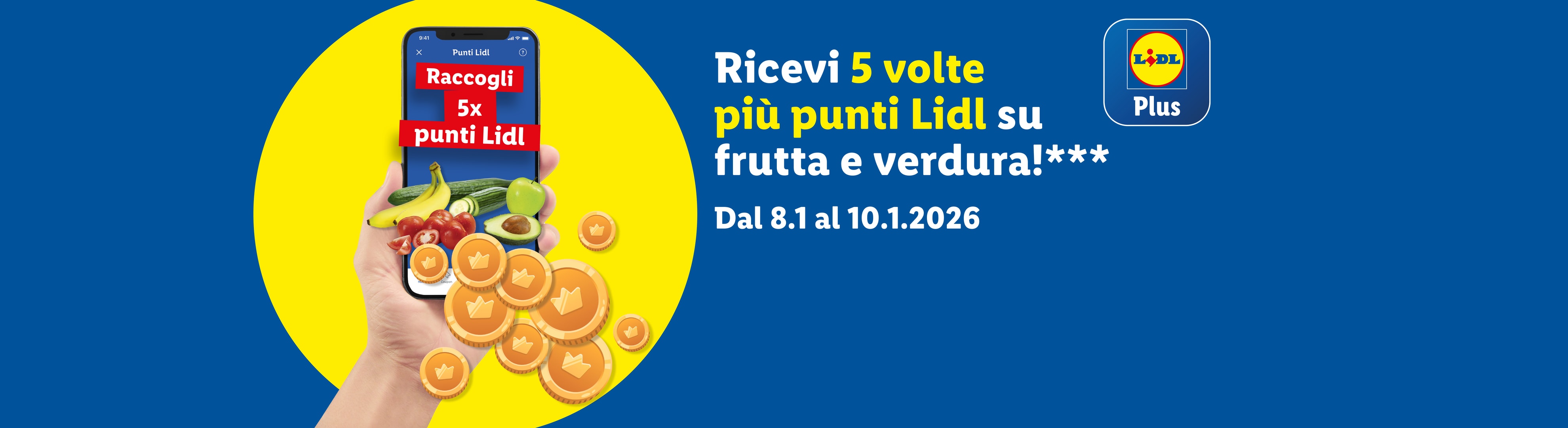 App Lidl Plus con frutta e verdura, che offre 5x punti su frutta e verdura.