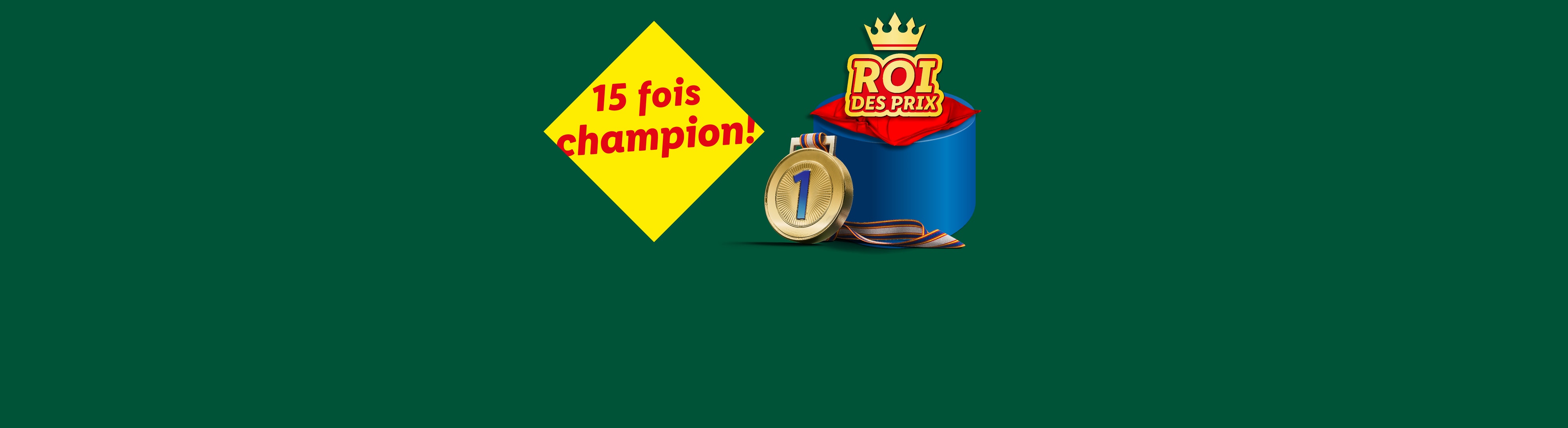 Médaille d'or et podium avec couronne, texte '15 fois champion!' et 'Roi des prix'.