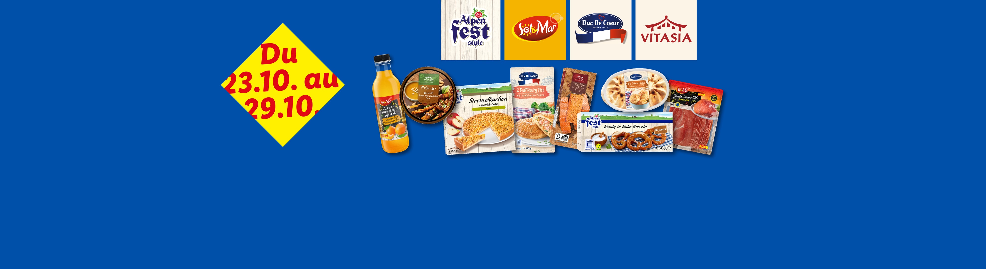Produits alimentaires variés de marques Lidl comme Duc De Coeur et Vitasia, avec une promotion du 23 au 29 octobre.