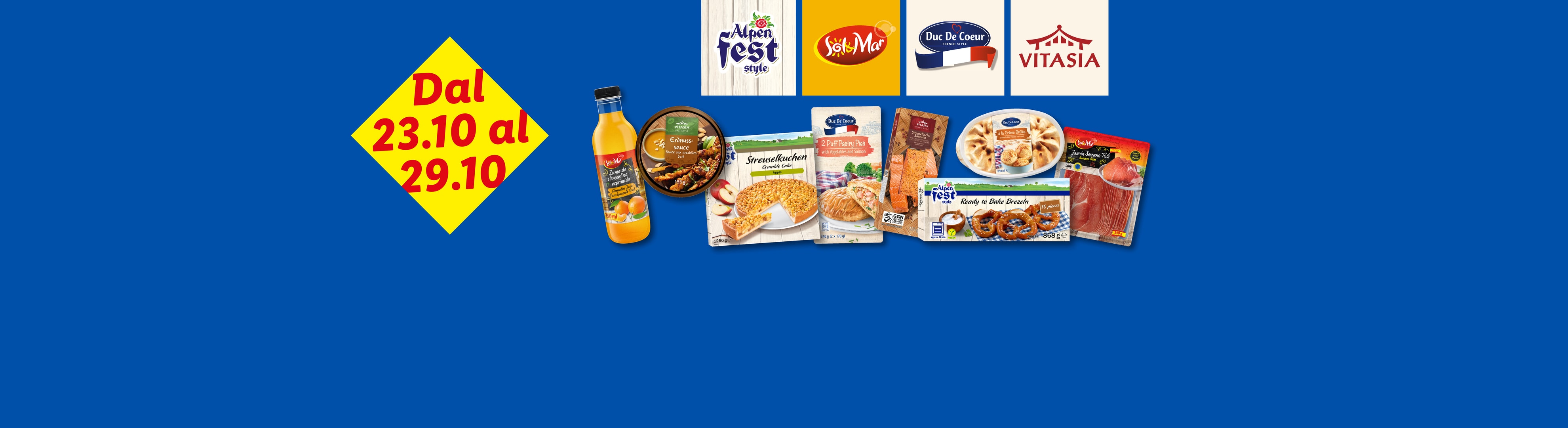 Promozione dal 23.10 al 29.10 su prodotti vari: succhi di frutta, piatti pronti, pretzel e prosciutto.