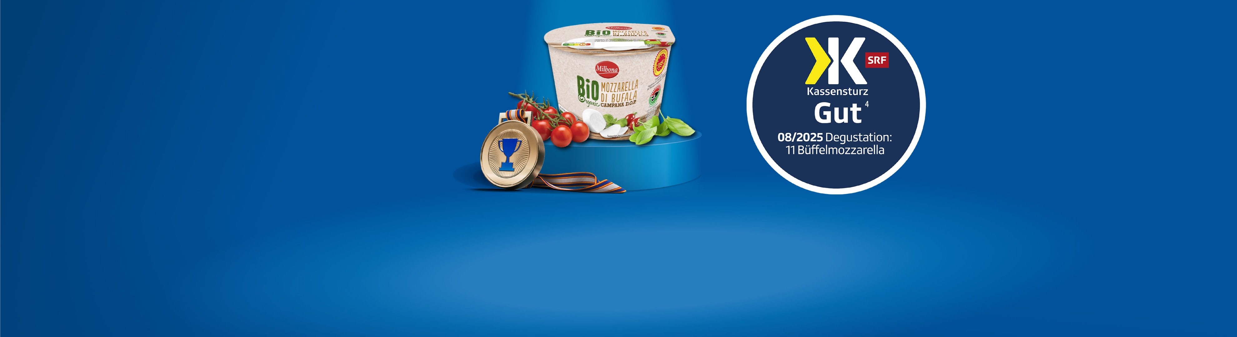 Milbona Bio-Büffelmozzarella mit Tomaten und Basilikum, Goldmedaille und Kassensturz-Logo.