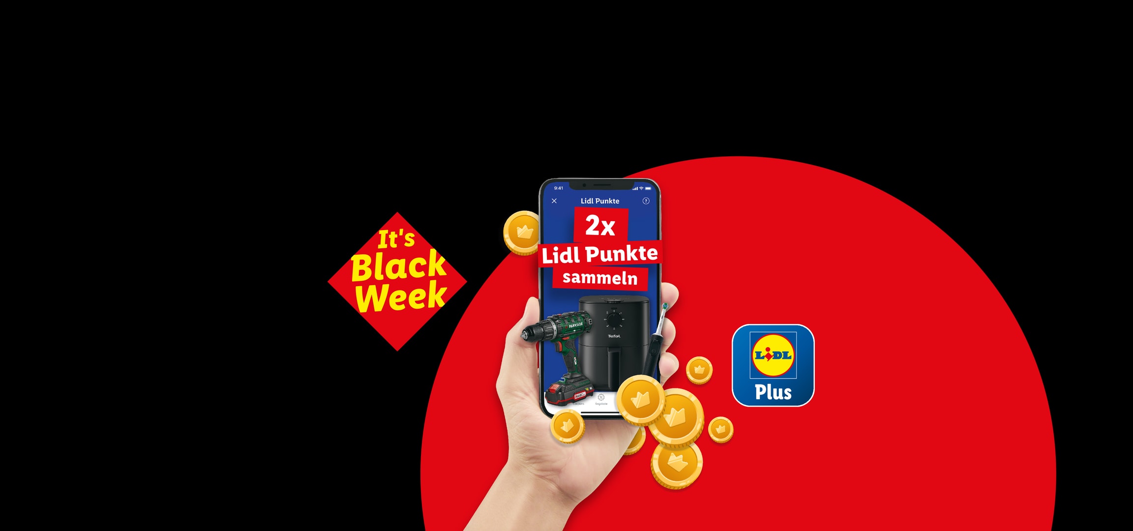 Smartphone mit Lidl Plus App, 2x Lidl Punkte, Bohrmaschine, Heißluftfritteuse und Goldmünzen. Thema: Black Week.