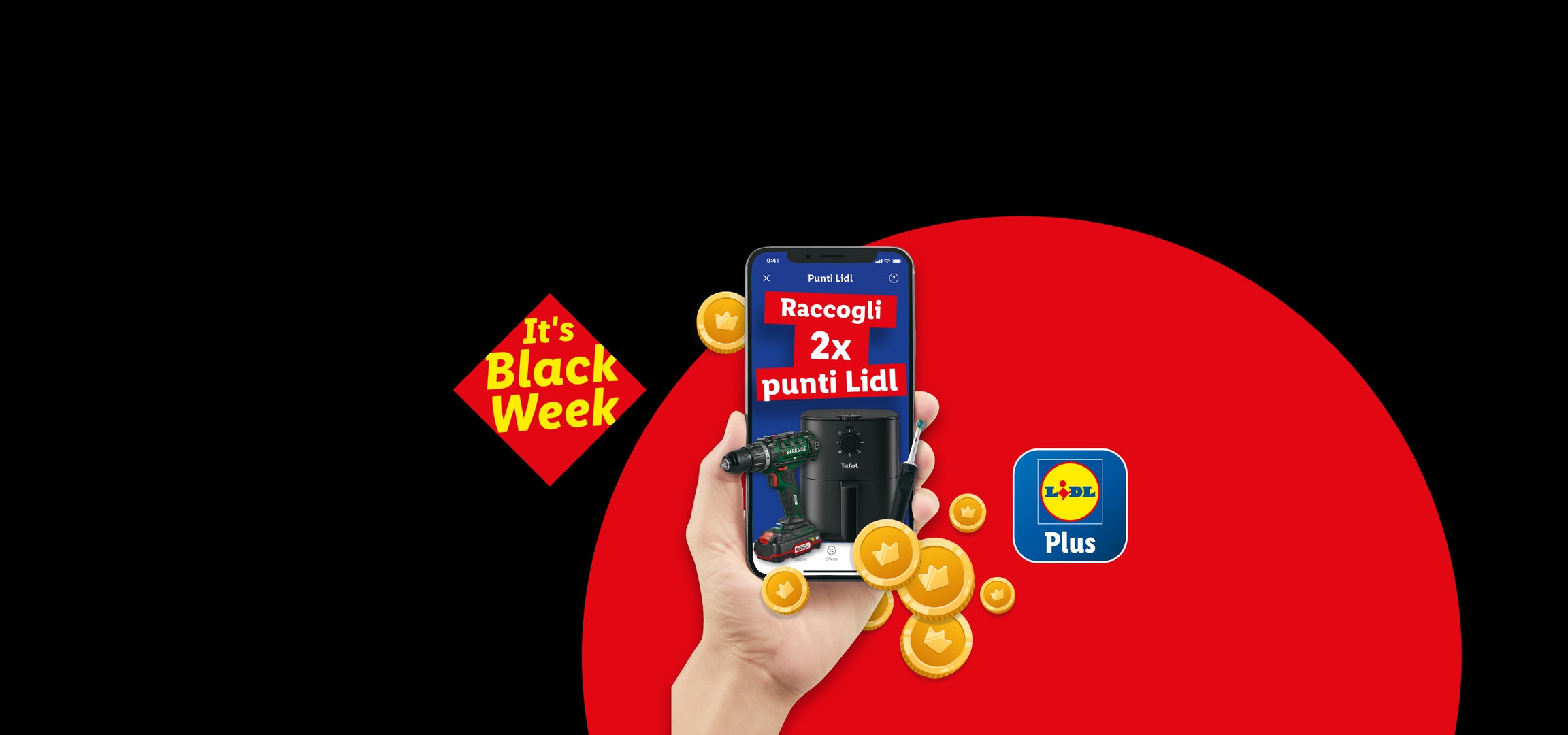 Lidl Plus: Raccogli 2x punti Lidl durante la Black Week con trapano avvitatore e friggitrice ad aria.