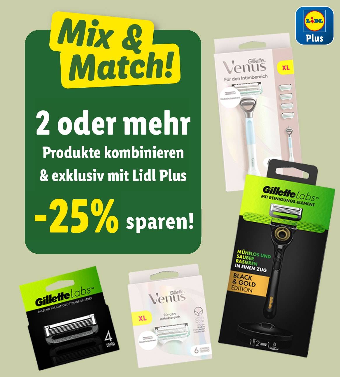 Lidl Plus: -25% Rabatt auf Gillette Venus und Gillette Labs Rasierer.