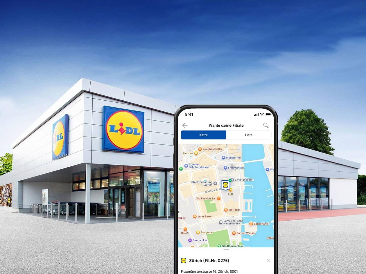Lidl-Filiale mit Smartphone-App, die den Standort der Filiale in Zürich anzeigt.