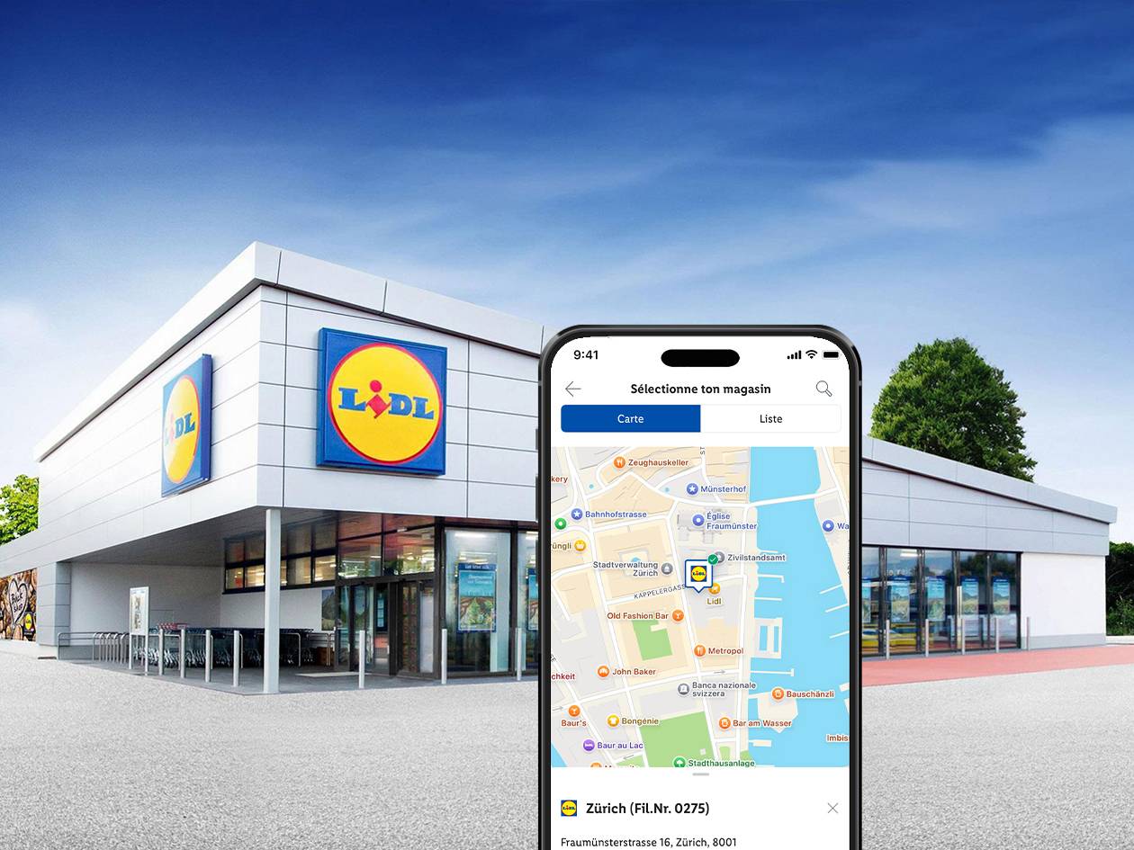 Magasin Lidl avec application smartphone affichant l'emplacement sur une carte.