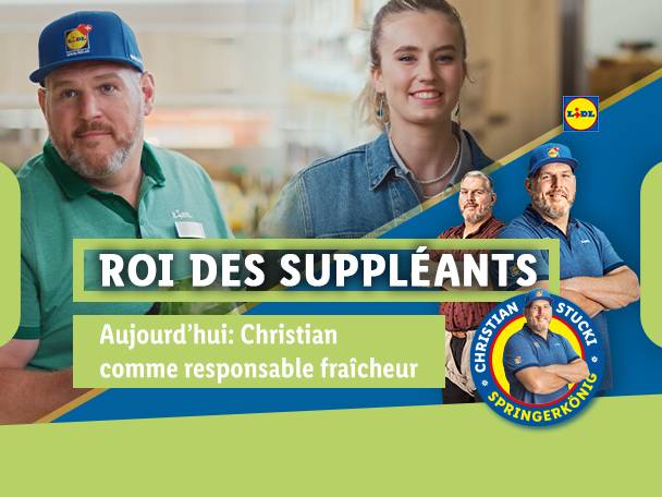 Hommes et femmes souriants en tenue de travail, avec le texte « Roi des suppléants » et « Christian comme responsable fraîcheur ».