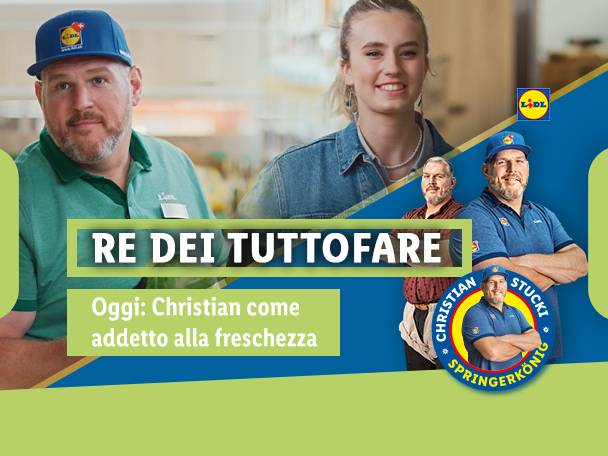 Uomini sorridenti in uniforme da lavoro, uno con cappellino, e una donna sorridente. Testo: 'RE DEI TUTTOFARE'