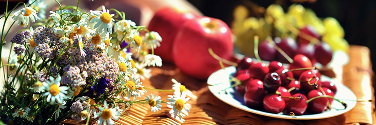 Kirschen, Äpfel und Gänseblümchen in einem Picknickkorb.