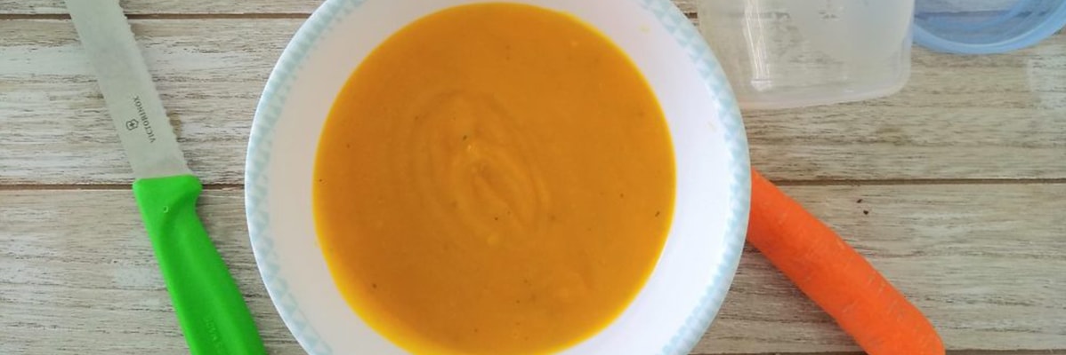 Karottensuppe in Schale, Victorinox Messer.
