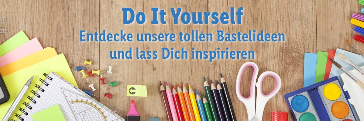 Farben, Schere, Stifte und Papier zum Basteln.