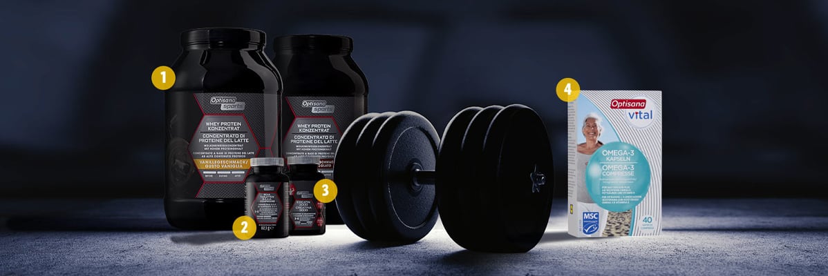 Optisana Sportis proteine del latte, integratori e Omega-3 Optisana Vital.