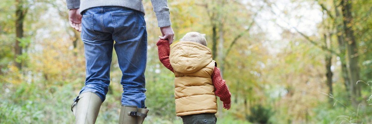 Vater und Sohn gehen Hand in Hand in einem Herbstwald.