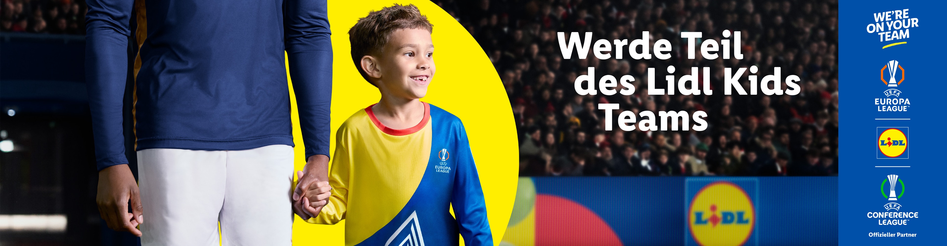 Ein Erwachsener und ein Kind in Sportkleidung, mit dem Text 'Werde Teil des Lidl Kids Teams' und Logos.