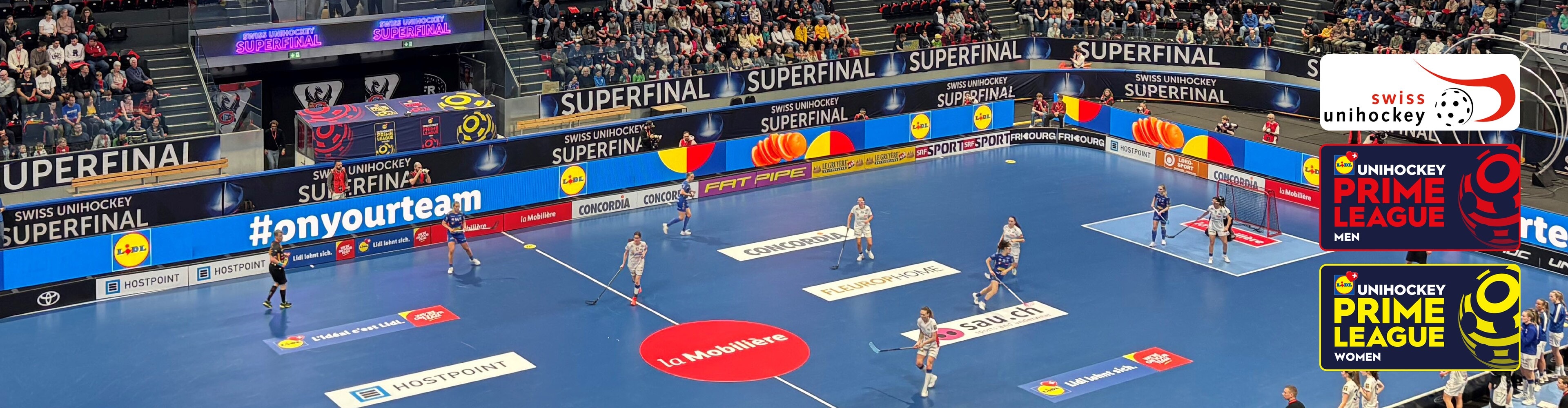 Partita di unihockey con sponsorizzazioni di Lidl, La Mobilière e Swiss Unihockey.