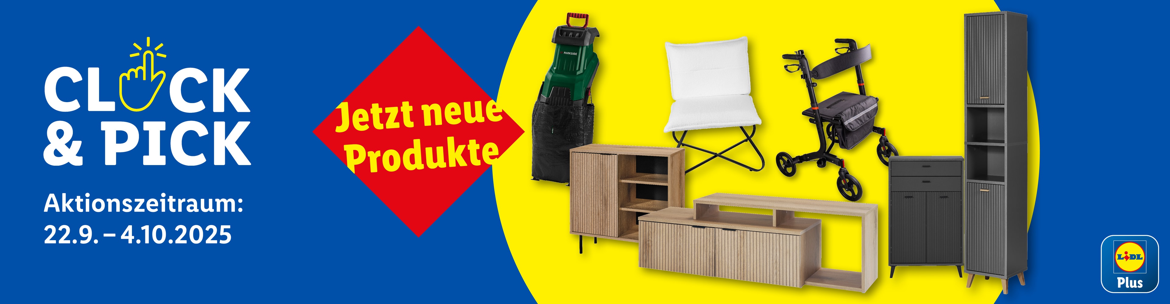 Lidl Plus Banner mit Möbeln, einem Häcksler und einem Rollator, das neue Produkte und einen Aktionszeitraum ankündigt.