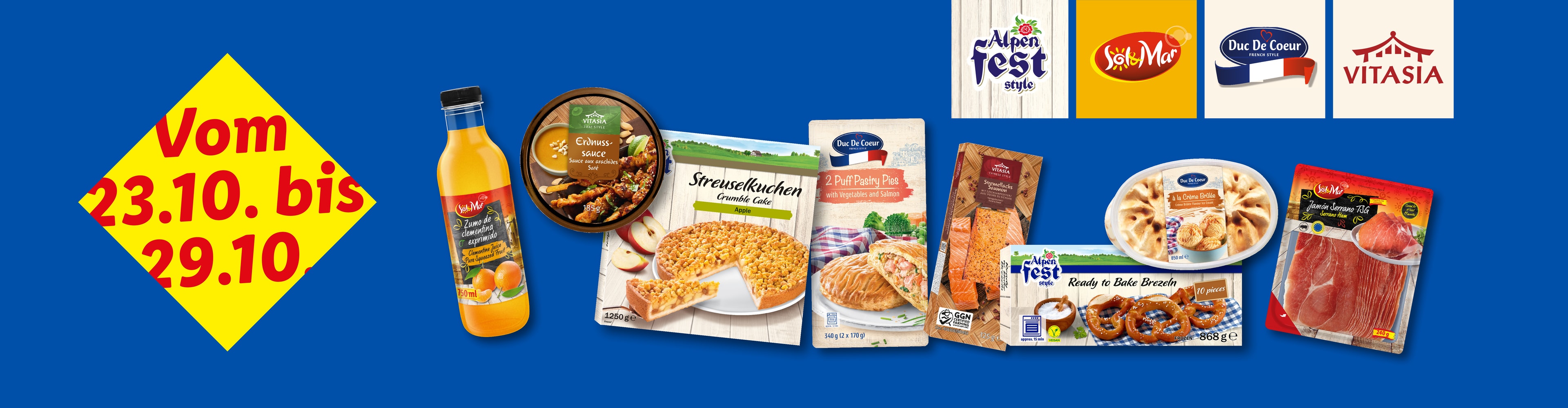 Assortiment de produits Lidl de marques Sol Mar, Duc De Coeur, Vitasia et Alpenfest, du 23 au 29 octobre.