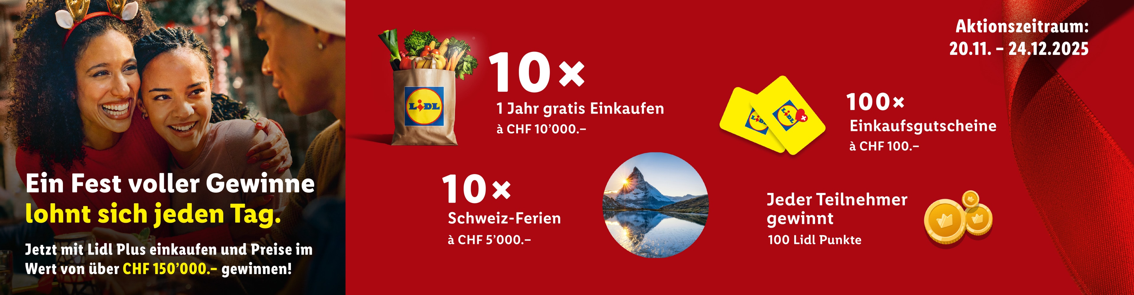 Lidl Plus Aktion mit Preisen im Wert von über CHF 150'000, darunter gratis Einkäufe, Einkaufsgutscheine und Schweiz-Ferien.