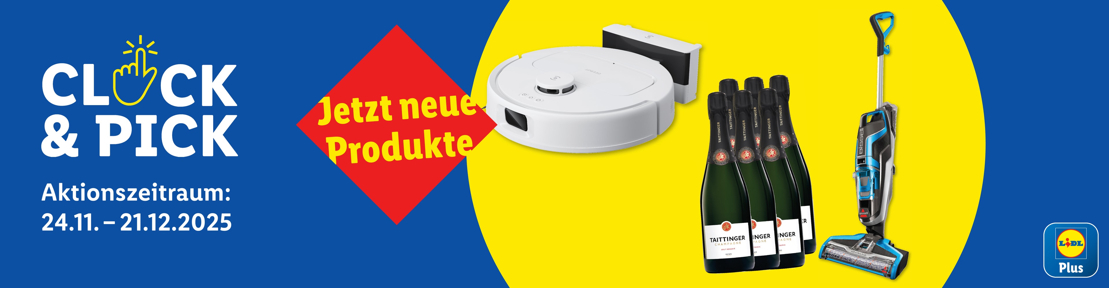 Lidl Plus Werbung für Produkte wie einen Saugroboter, einen Bodenreiniger und Taittinger Champagner.