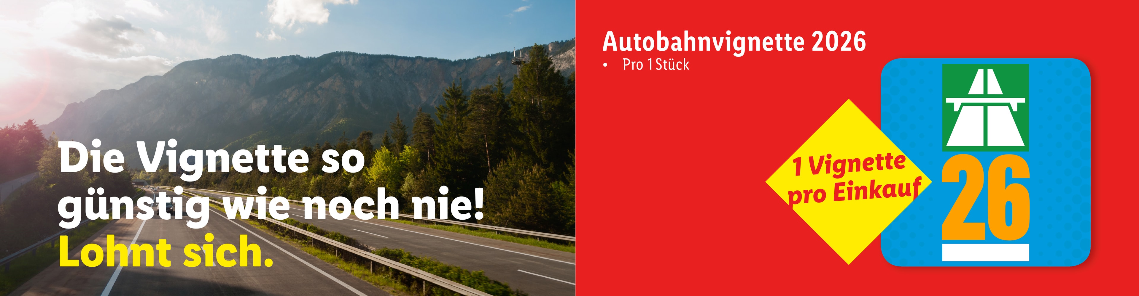 Werbung für die Autobahnvignette 2026, mit Berglandschaft und einer Vignette.