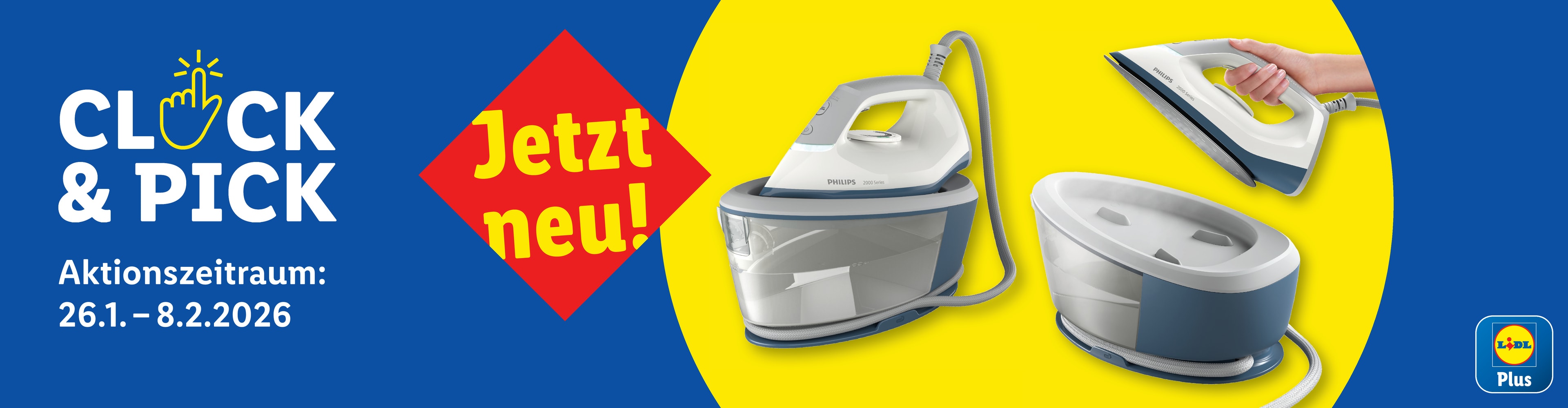 Dampfbügeleisen-Set mit „Jetzt neu!“ und „Click & Pick“-Aktionszeitraum bis 8.2.2026.