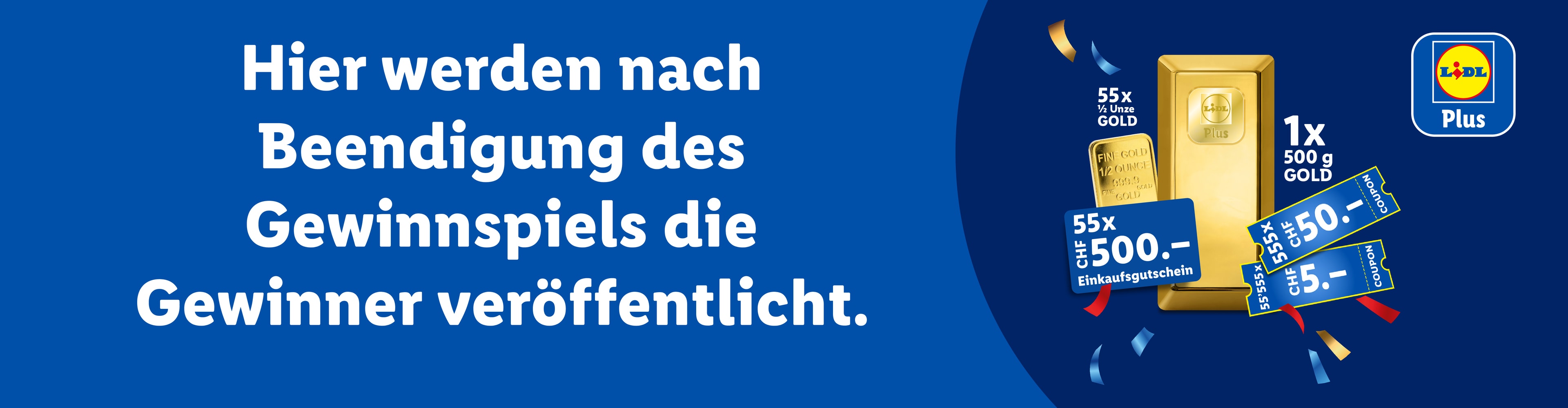 Goldbarren und Einkaufsgutscheine auf blauem Hintergrund, mit Text zur Veröffentlichung der Gewinner.