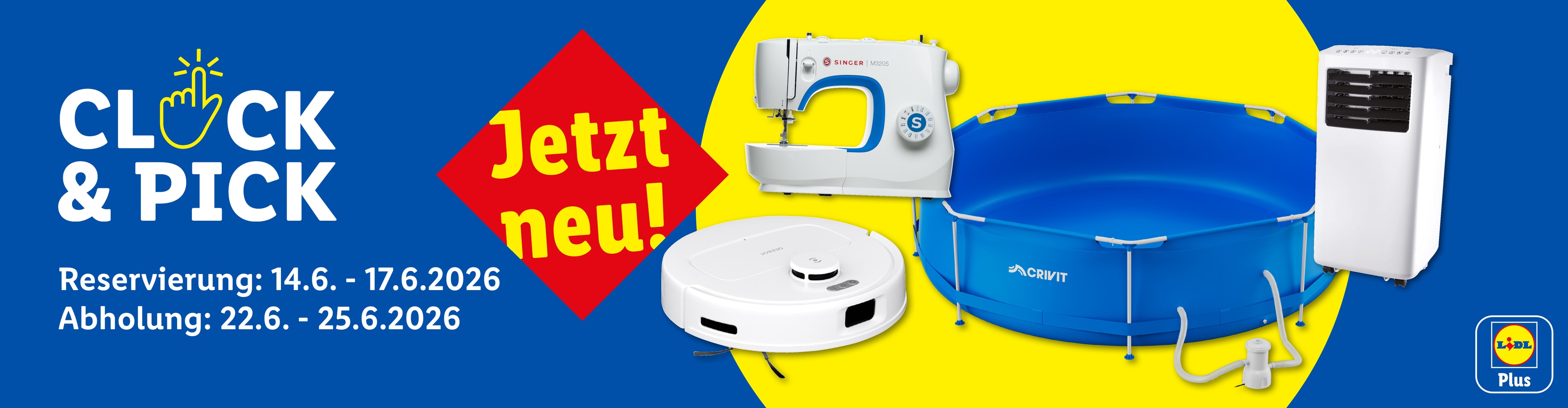 Annonce 'Click & Pick' avec machine à coudre, robot aspirateur, piscine et climatiseur.