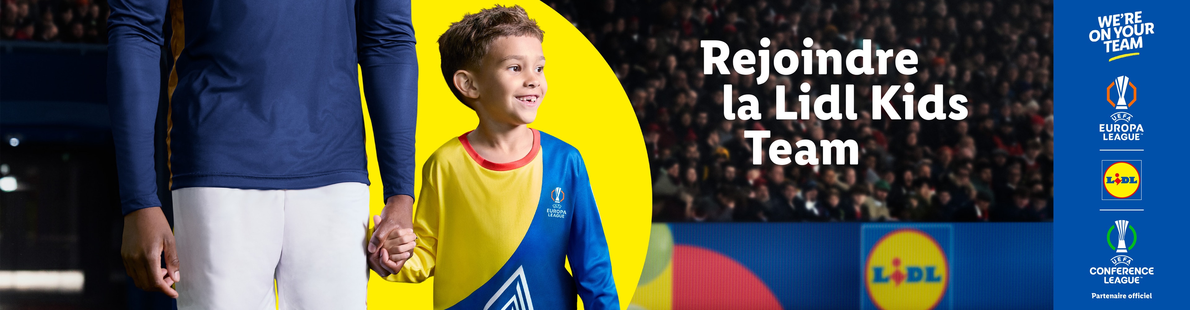 Un adulte et un enfant en maillots de football, avec le texte 'Rejoindre la Lidl Kids Team' et les logos UEFA.