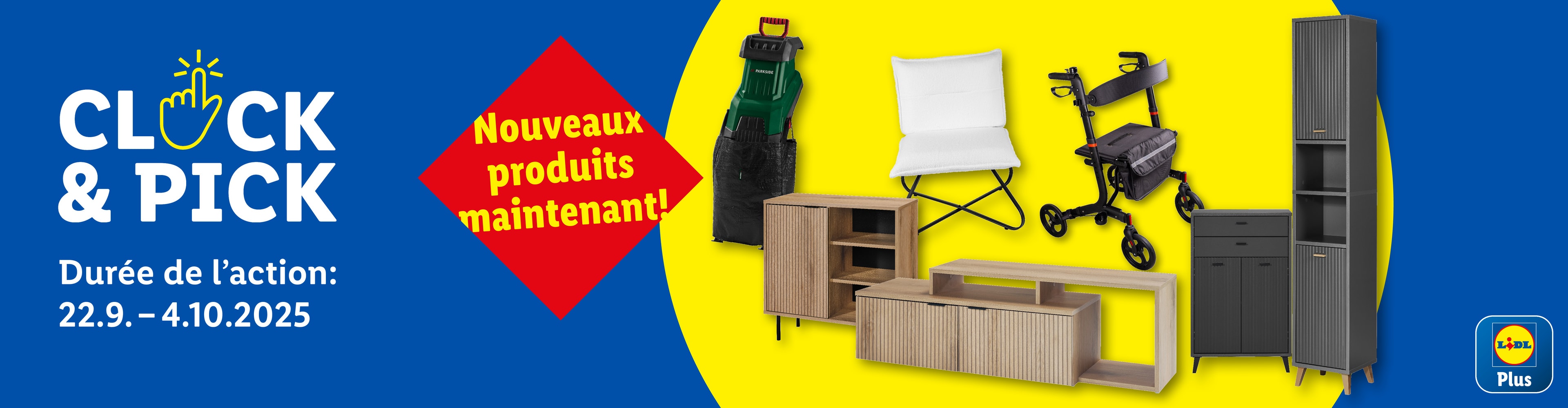 Publicité Lidl Plus avec des meubles, un broyeur de végétaux et un déambulateur, annonçant de nouveaux produits et la durée de la promotion.