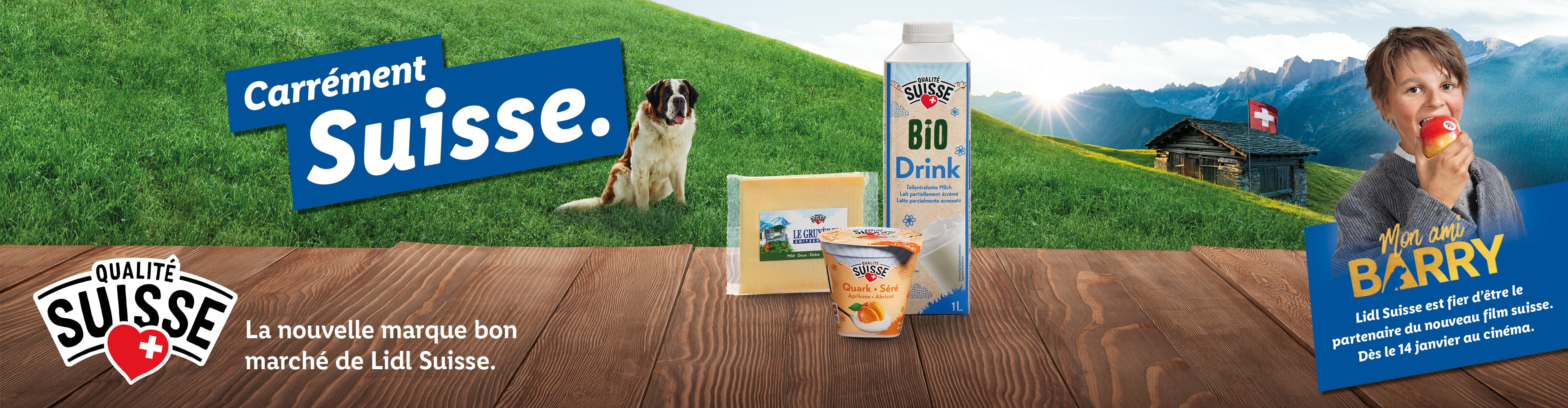Publicité Lidl Suisse pour des produits laitiers suisses, avec un chien Saint-Bernard et un enfant mangeant une pomme.
