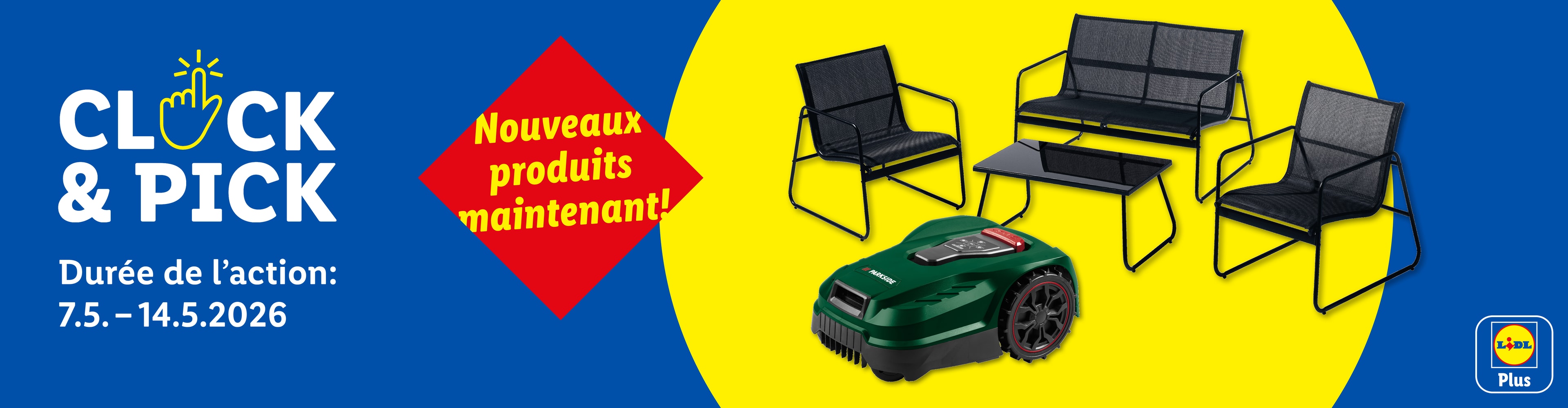 Un salon de jardin noir et un robot tondeuse vert sur fond jaune et bleu, avec le texte 'CLOCK & PICK' et 'Nouveaux produits maintenant !'.