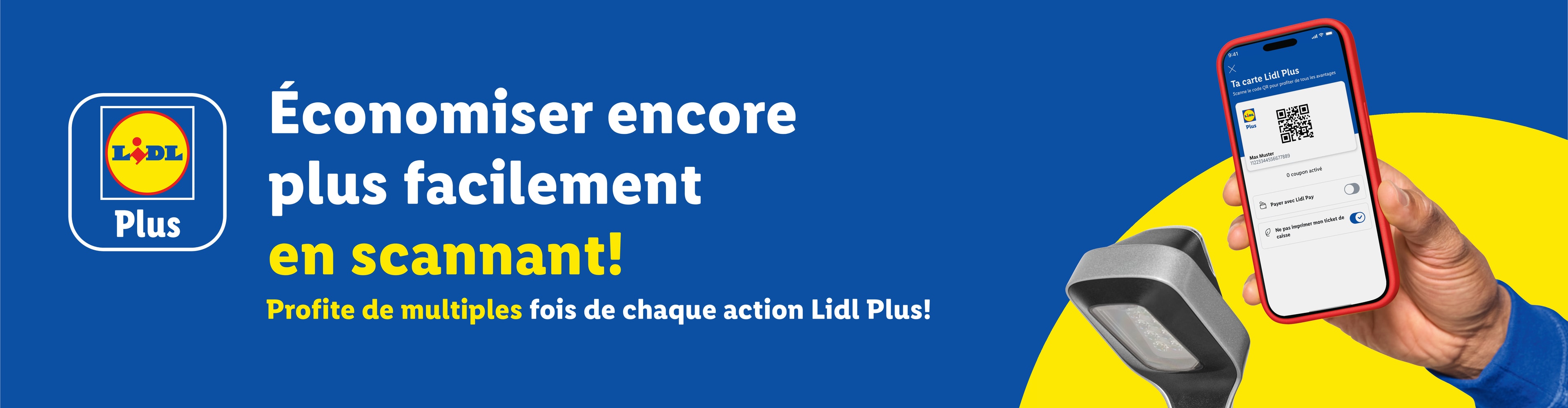 Application Lidl Plus avec code QR sur un smartphone en cours de scan pour économiser plus facilement.