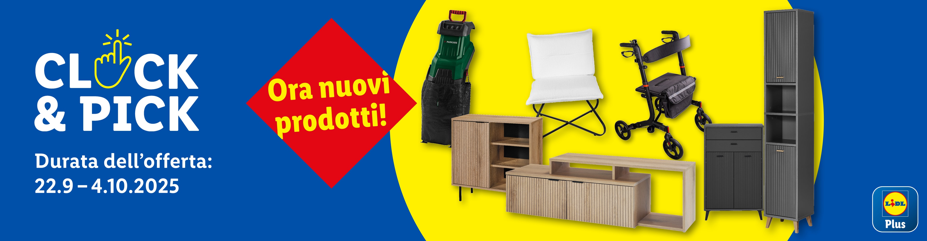 Pubblicità Lidl Plus con mobili, un decespugliatore e un deambulatore, offerta valida dal 22.9 al 4.10.2025.