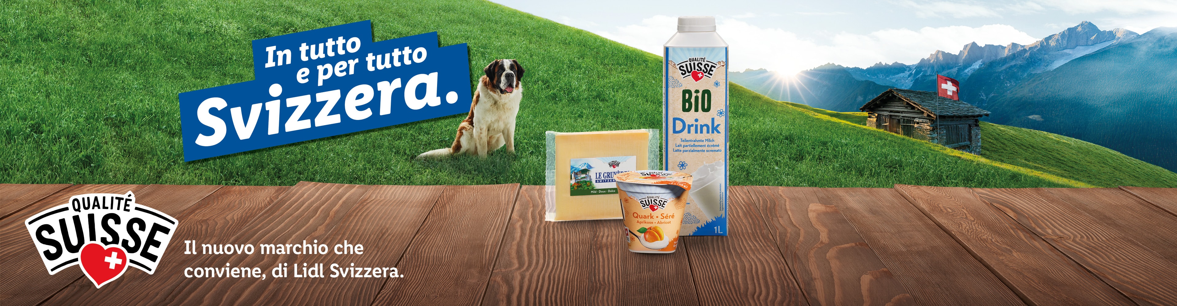 Prodotti lattiero-caseari Qualité Suisse di Lidl, con un San Bernardo e uno chalet svizzero.