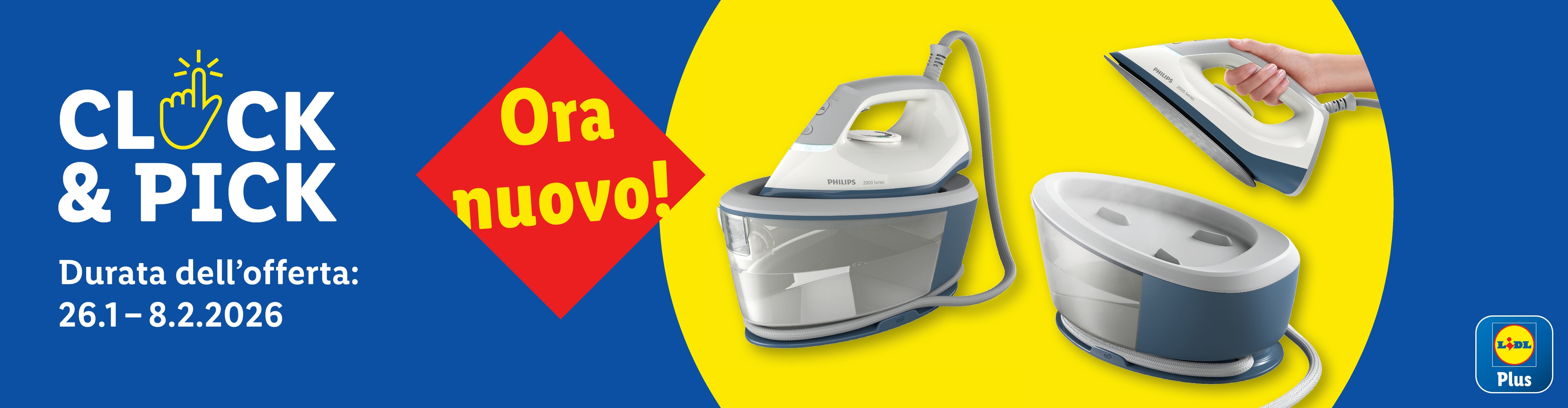 Banner promozionale per ferri da stiro a vapore con caldaia, con testo 'Click & Pick' e durata offerta.