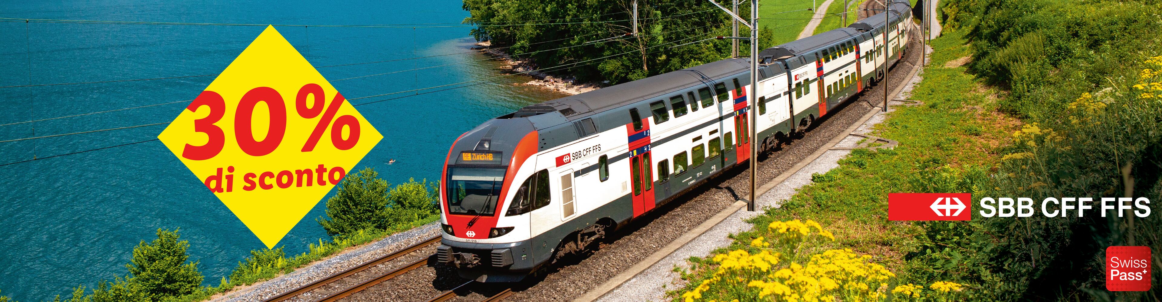 Treno moderno che viaggia lungo un lago, con uno sconto del 30% in evidenza.