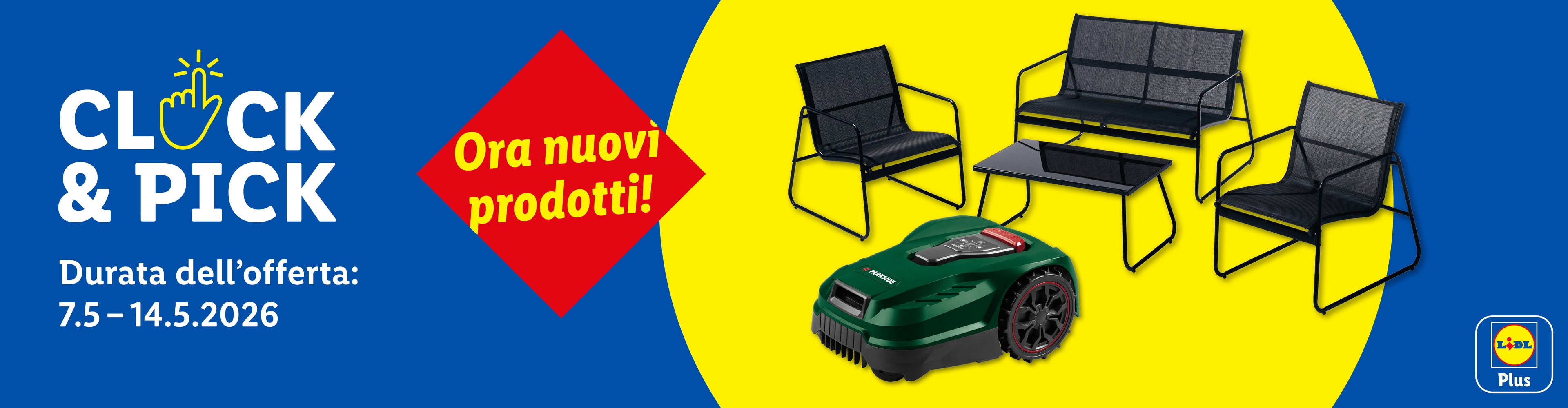 Offerta Click & Pick con mobili da giardino neri e robot tagliaerba verde. Nuovi prodotti!