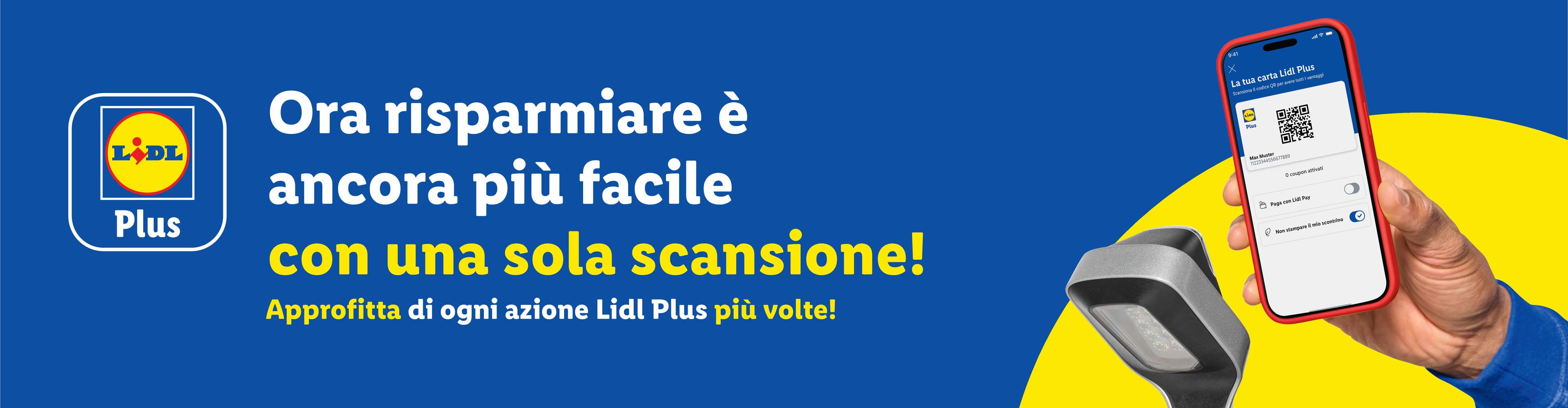 App Lidl Plus con codice QR su uno smartphone pronto per la scansione, con il testo: 'Ora risparmiare è ancora più facile con una sola scansione!'