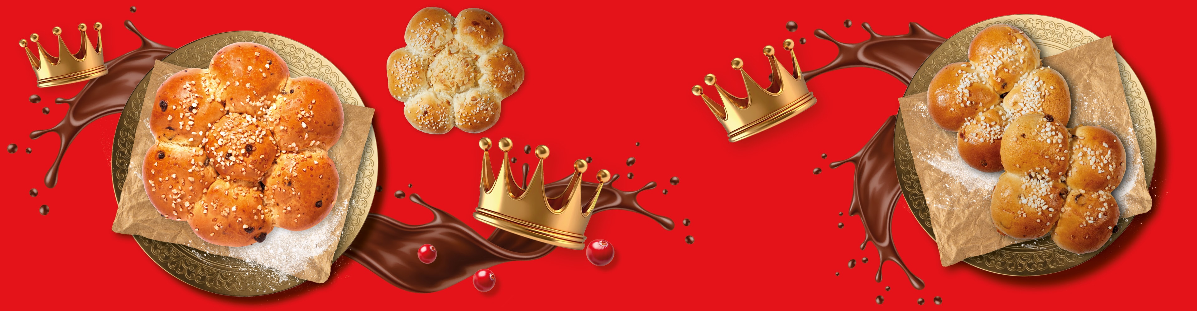 Schokoladenbrötchen mit Hagelzucker, goldener Krone und Schokoladenspritzern.